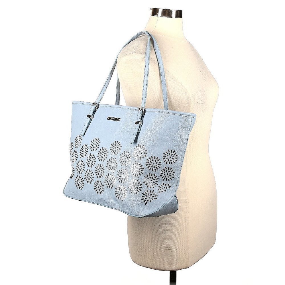 NWT Nine West It Girl Dust Blue Floral Silver Cut Out Accents Tote Bag - Picture 6 of 12